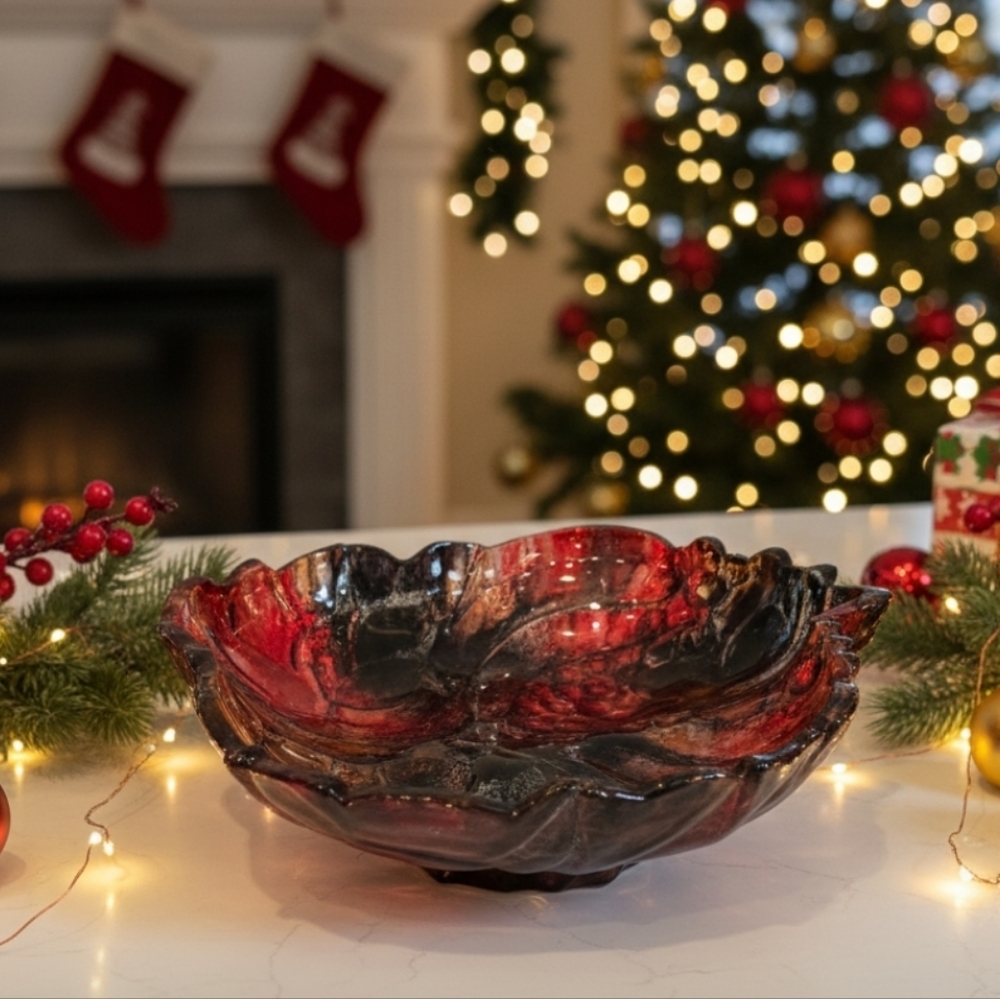 HANDCRAFTED Upcycled Etched Glass Fruit Bowl HANDPAINTED Cebterpiece Art Decor